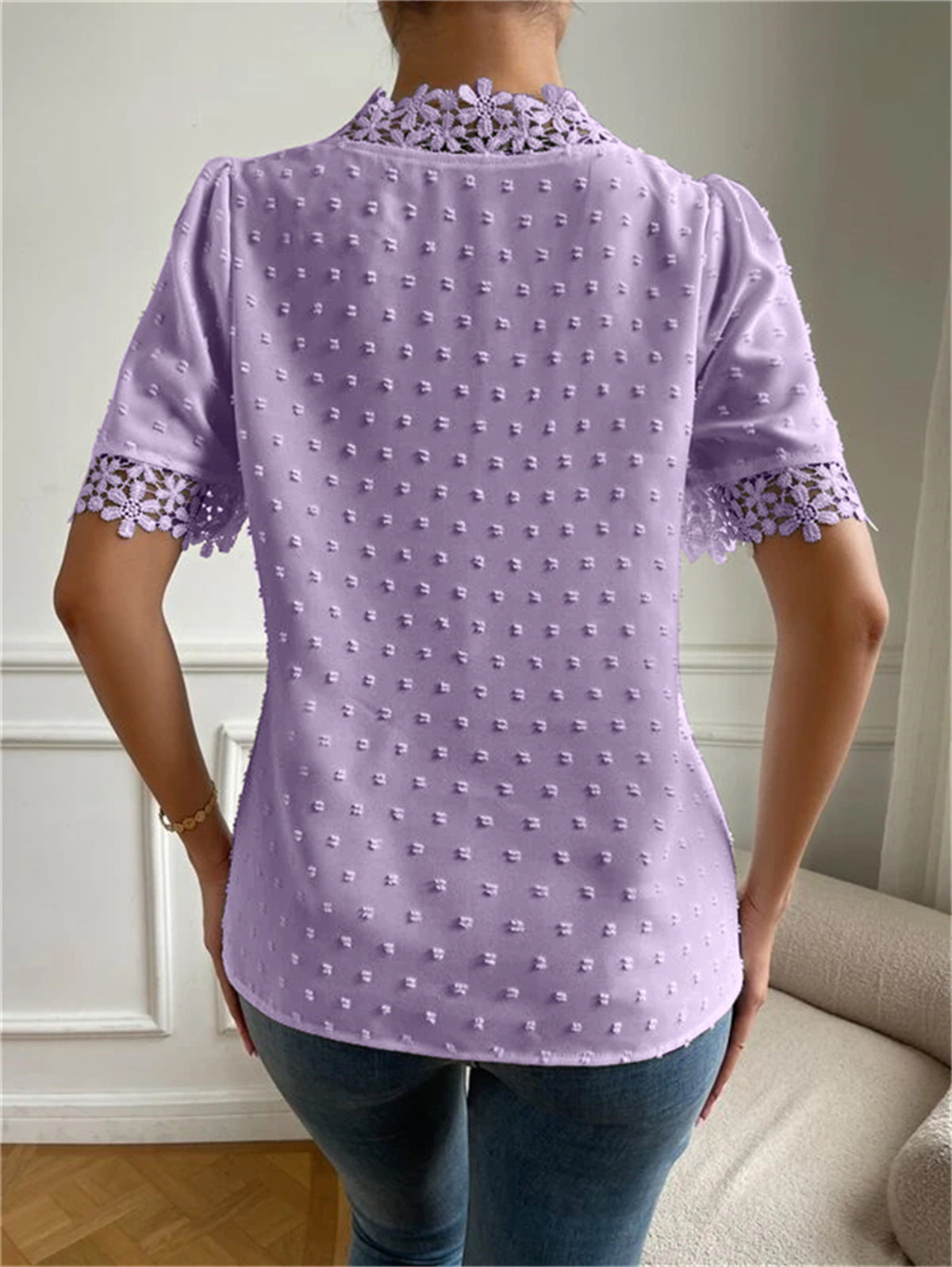 Women's V-Neck Short Sleeve Blouse with Lace