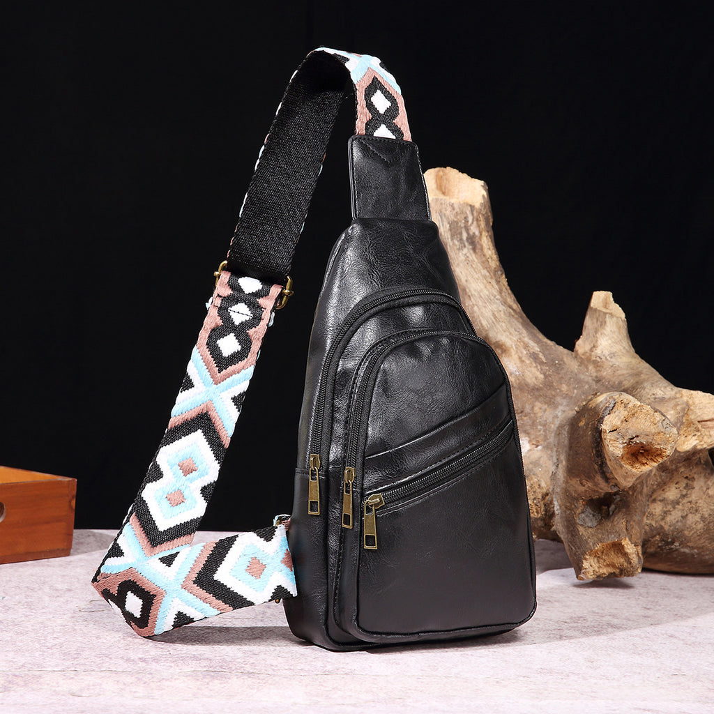Women's Solid Colour Crossbody Bag with Printed Strap