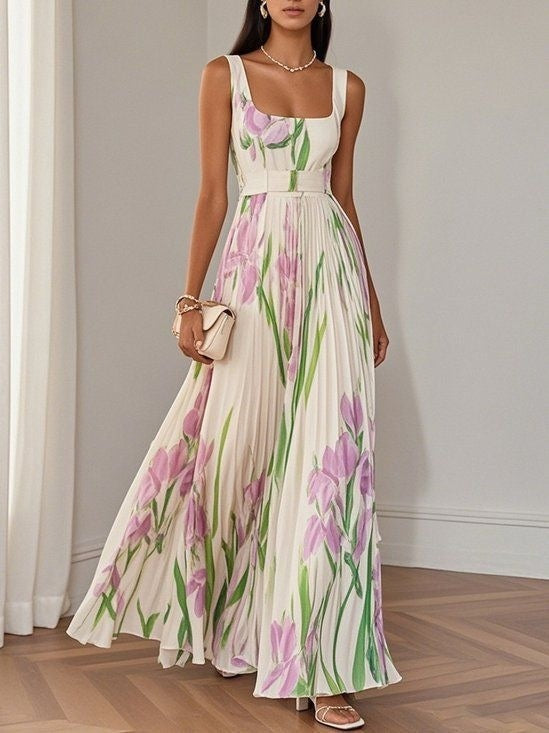 European And American Pleated Printing Dress