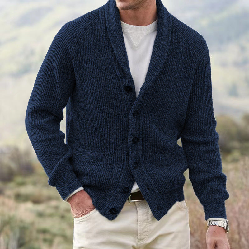 Button-Up Men's Cardigan with Lapel and Pockets