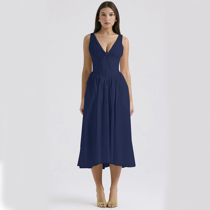 Women’s Sleeveless V-Neck Pleated A-Line Formal Midi Dress