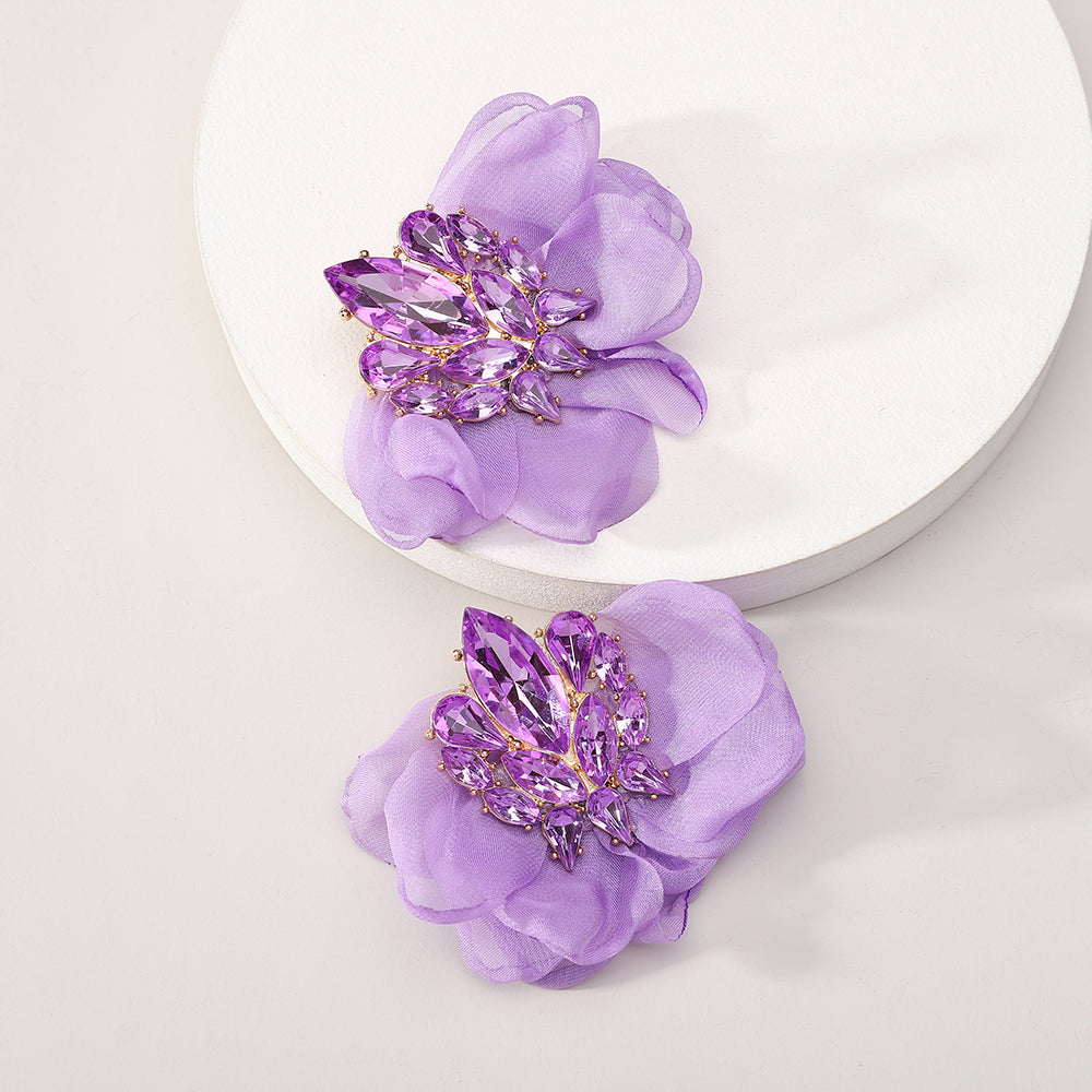 Colorful Sparkly Rhinestone Chiffon Flower Large Stud Earrings For Women Bold Statement Jewelry For Party Prom Vacation