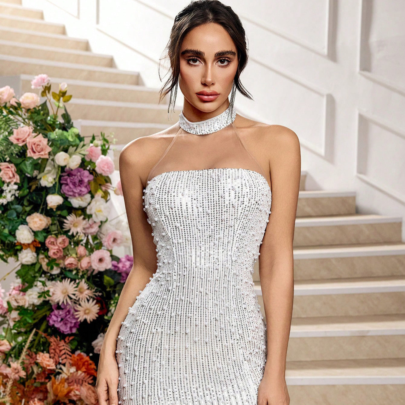 Fashion Solid Color Sexy Hollow-out Lace Evening Dress
