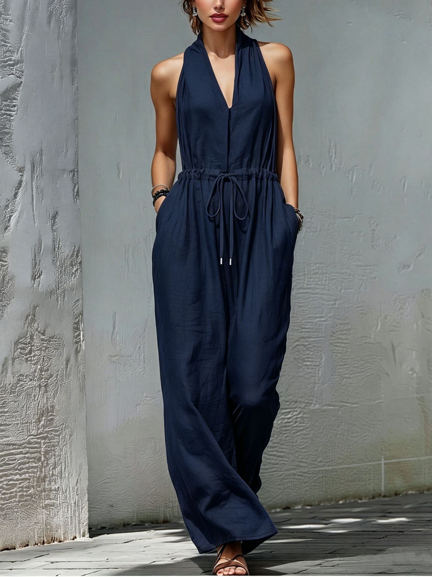Womens Sleeveless Solid-Color Long Holiday Jumpsuit