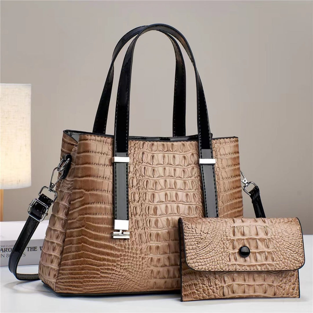 Women's Crocodile Print Shoulder Bag with Matching Clutch Set