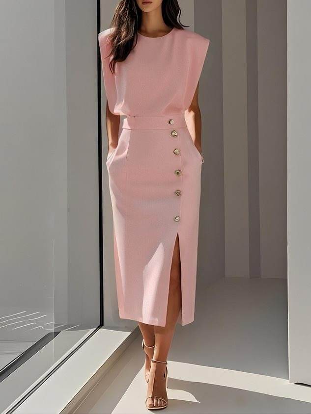 Split Metal Button Summer Dress Women