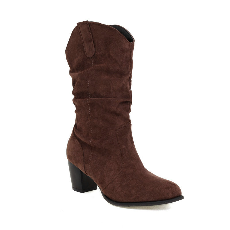 Women’s Suede Chunky Heel Mid-Calf Boots in 4 Colors - Wazzi's Wear