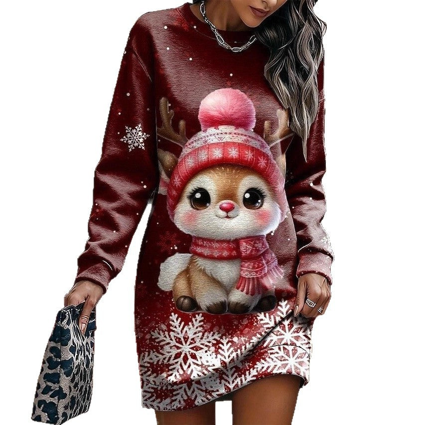 Christmas Print Long Sleeve Women's Dress