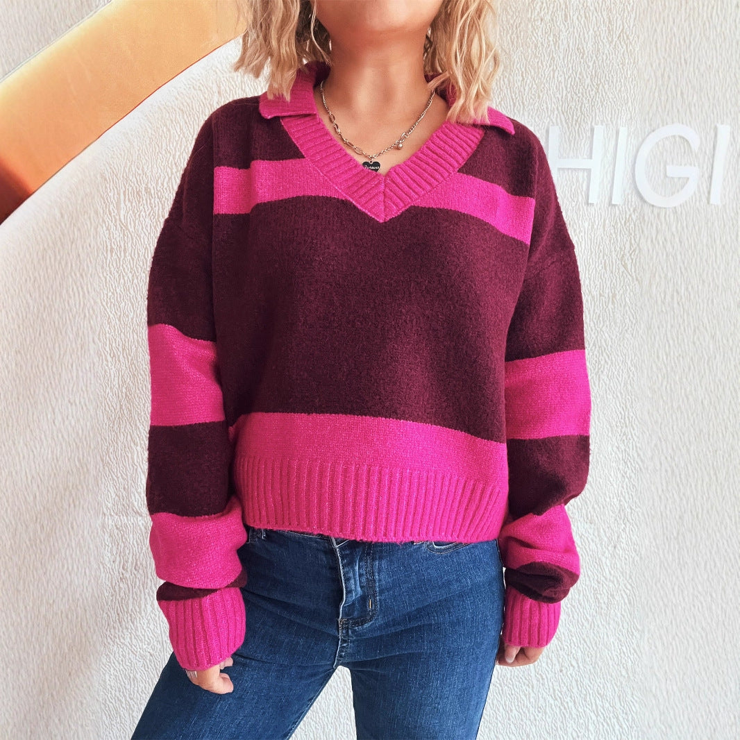 Contrast Color Striped Knitted Lapel Commuter Long Sleeve Women's Sweater