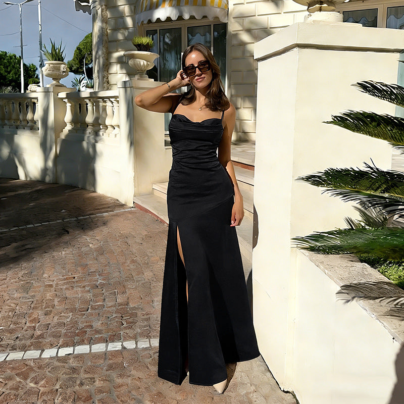 Fully Managed Suspender Backless Strappy Slit Light Formal Dress Satin Gown