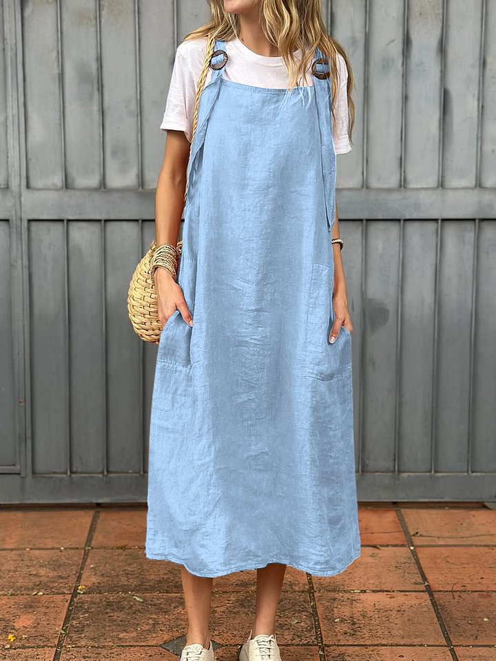 Summer Women's Adjustable Shoulder Strap Casual Cotton And Linen Dress