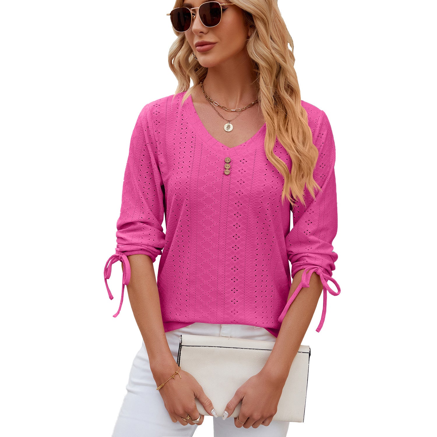 Button V-Neck Solid Colour Half Sleeve Women’s Shirt