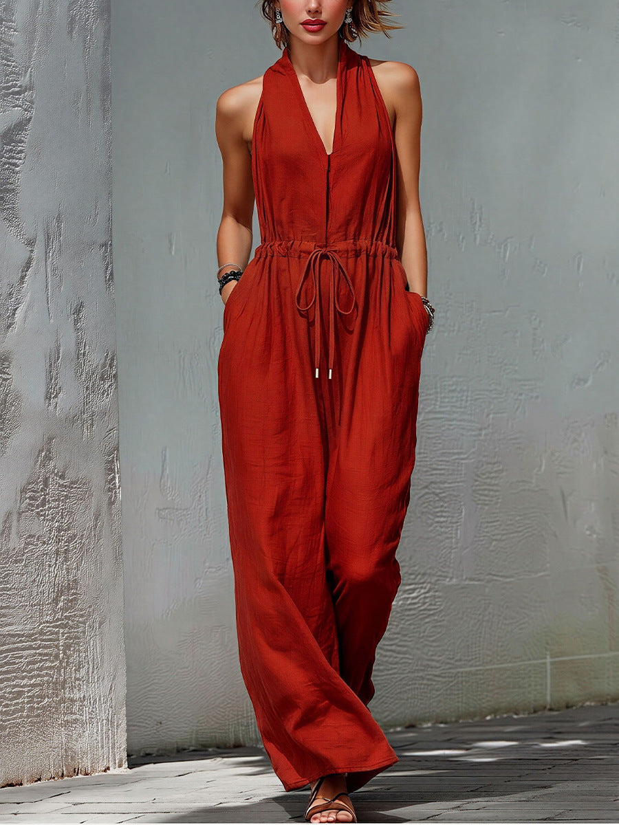Womens Sleeveless Solid-Color Long Holiday Jumpsuit