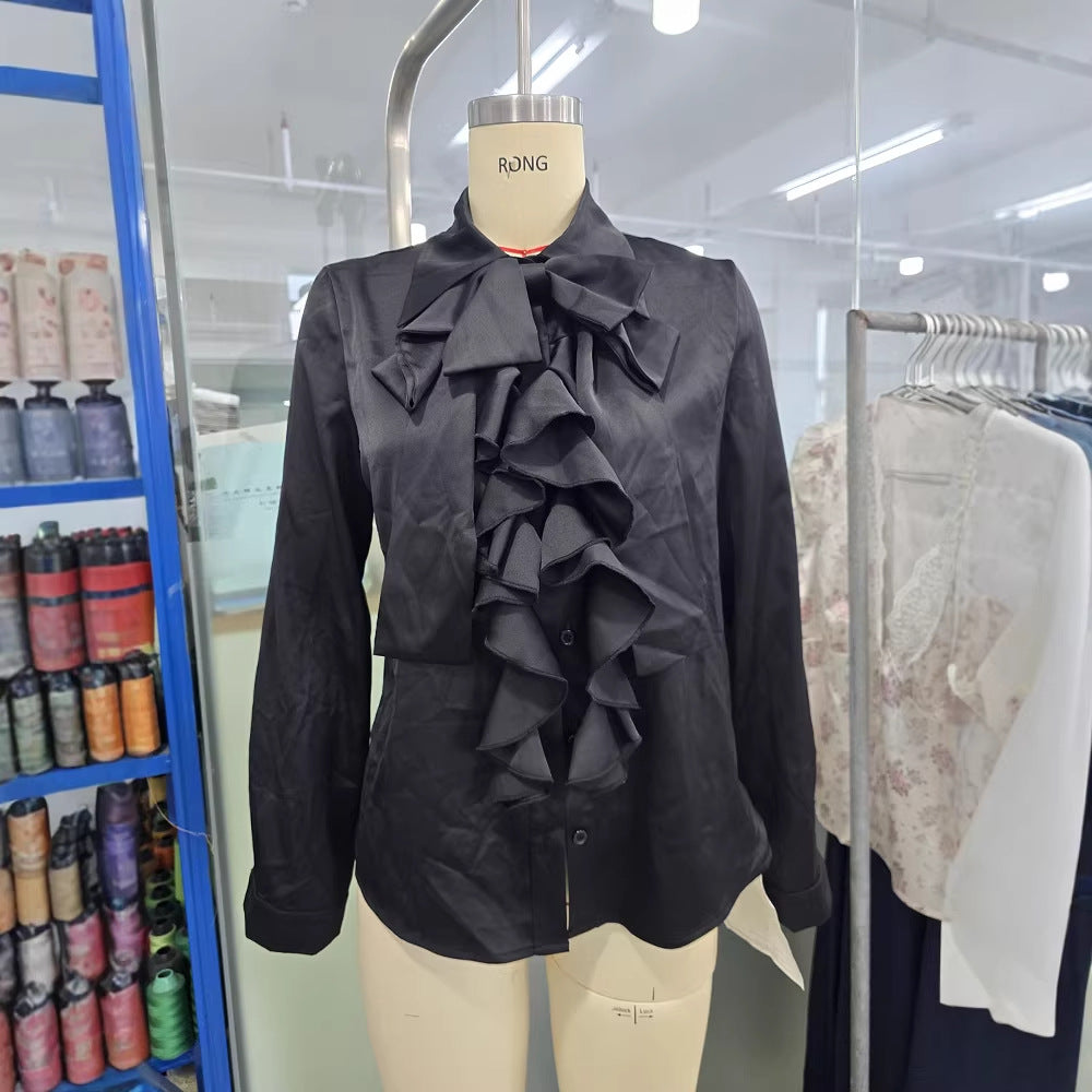 Elegant Ruffle-Trimmed Shirt With A Flowing Bow Tie For Women