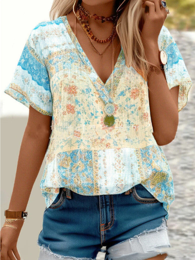 Women's Boho V-Neck Short Sleeve Top