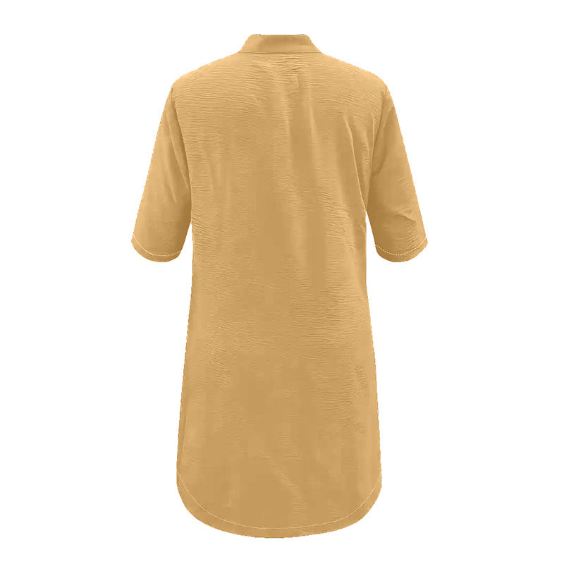 Women's Solid Color Shirt Collar Mid-Sleeve Dress With Oversized Buttons - Simple & Elegant Spring&Summer Dress