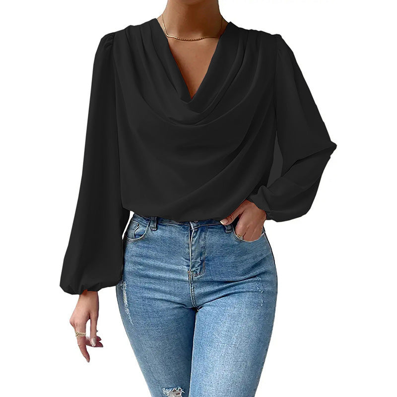 Women’s Elegant Chiffon Cowl Neck Long Sleeve Blouse