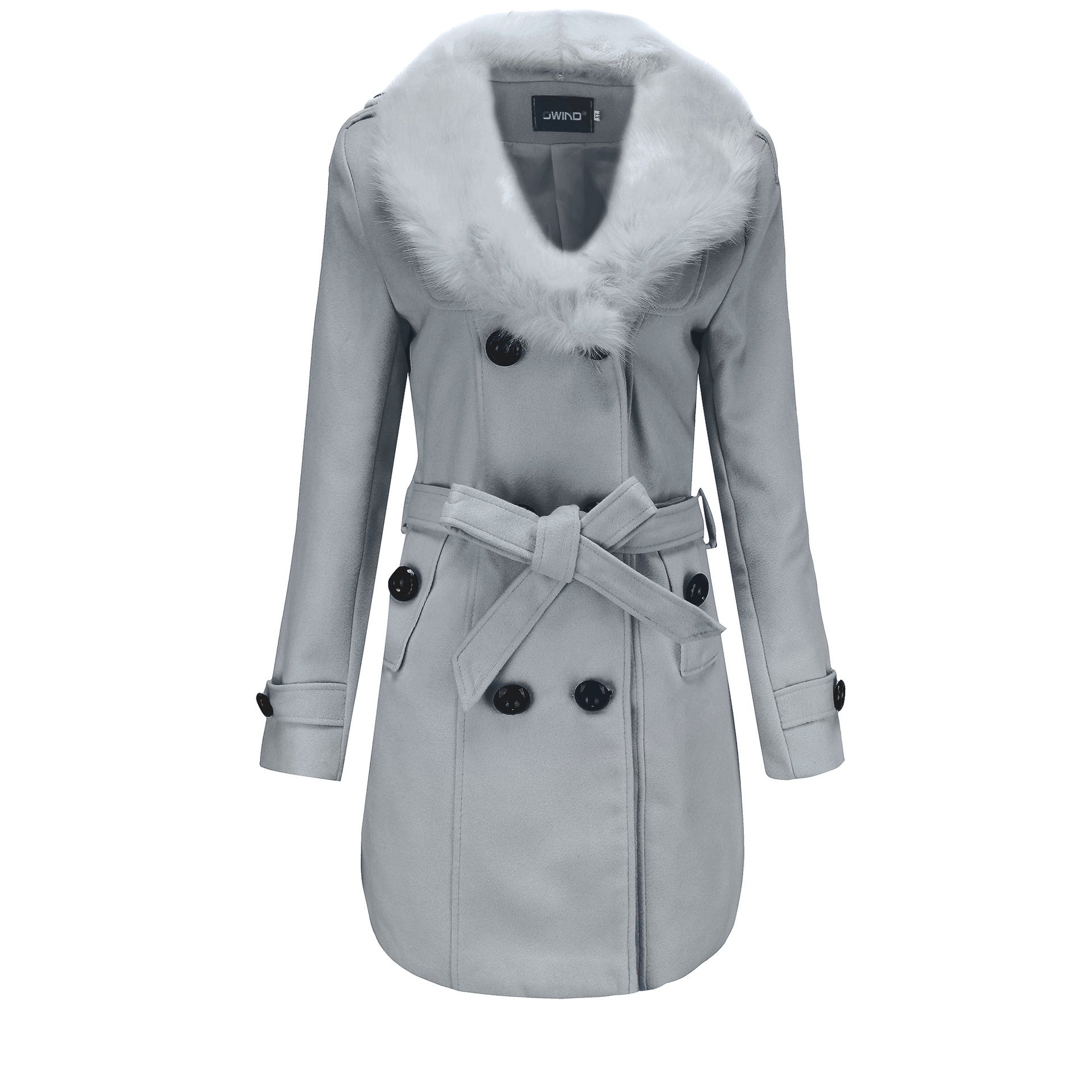 Women’s Woolen Mid Length Coat with Fur and Waist Tie in 7 Colors M-5XL - Wazzi's Wear