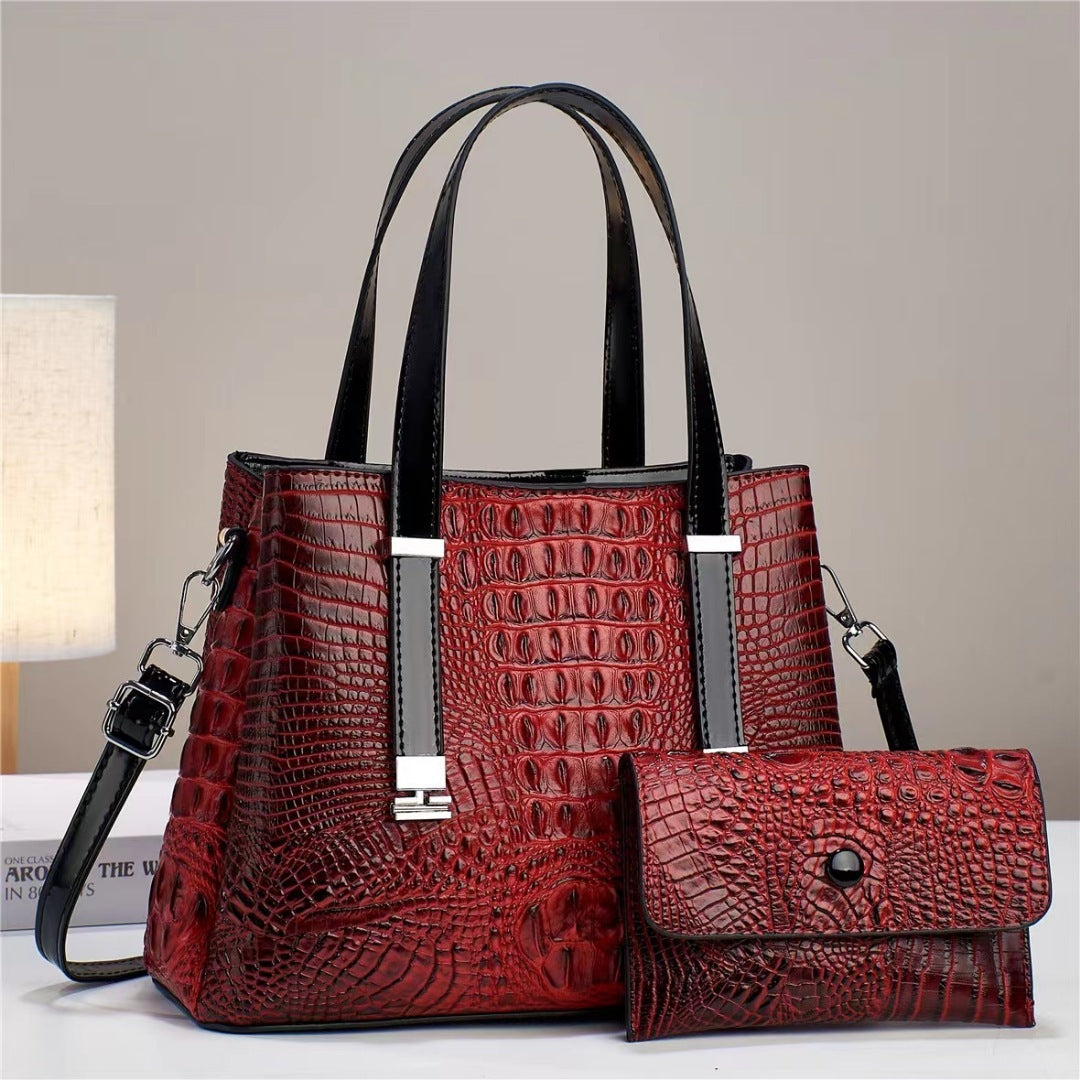 Women's Crocodile Print Shoulder Bag with Matching Clutch Set