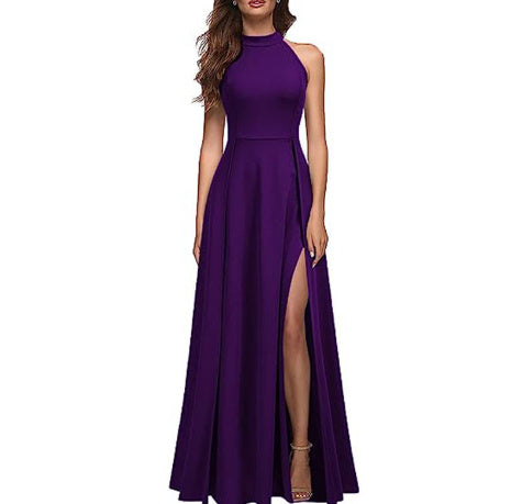 Women’s Solid Colour Halter Neck Evening Gown with Leg Slit