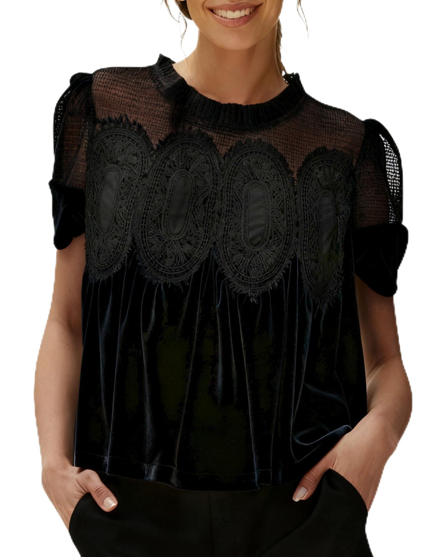 Women's Fashion Mesh Embroidered Crew-Neck Pullover Solid Color Top