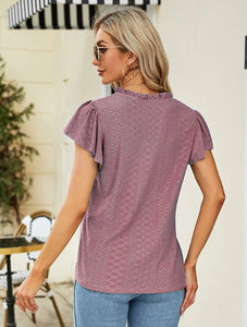 Women’s V-Neck Ruffled Short Sleeve Top in 6 Colors S-2XL - Wazzi's Wear