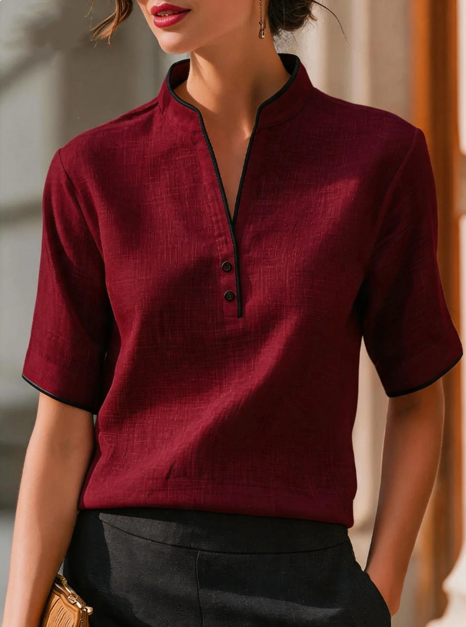 Summer Thin Small Stand Collar V-Neck Slimming Elegant Commuter Top
