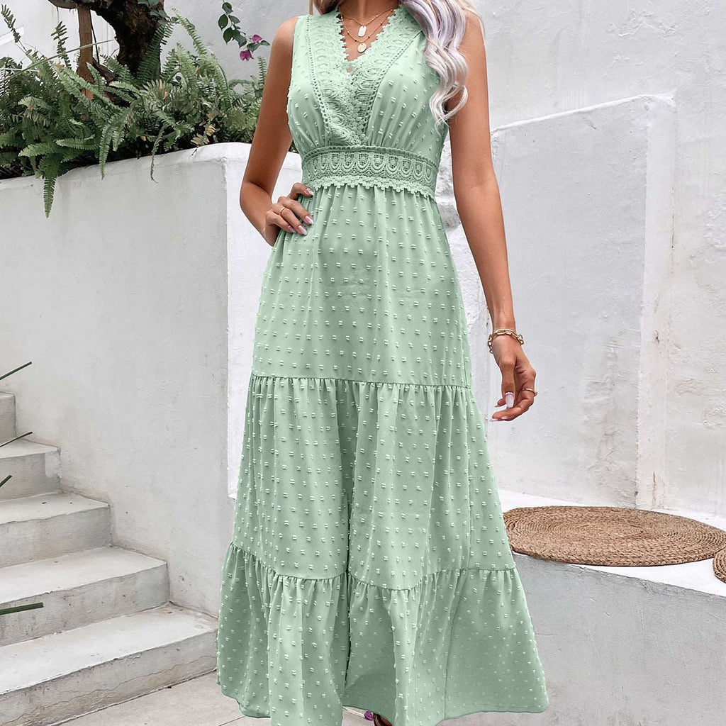 Women's V-Neck Dotted Sleeveless Maxi Dress with Open Back