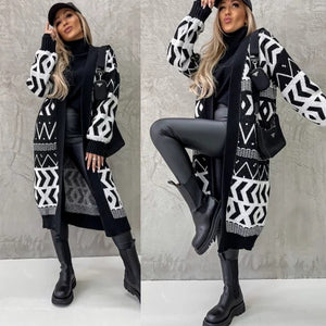 Women’s Geometric Long Sleeve Cardigan Coat in 2 Colors S-XXL - Wazzi's Wear
