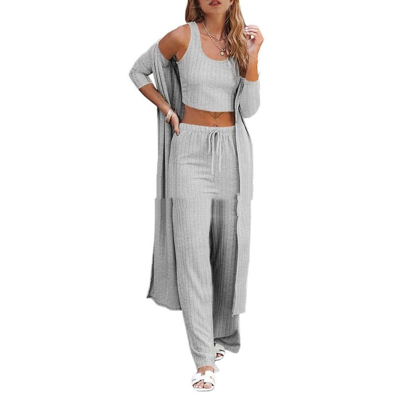 Vest Pants And Robe Three-piece Womens Loungewear Set