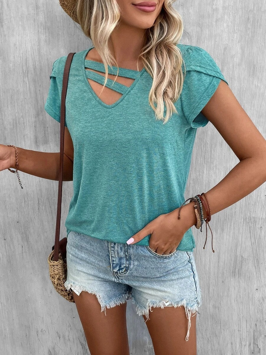 V-neck Stitching Petal Sleeve Loose T Top For Women