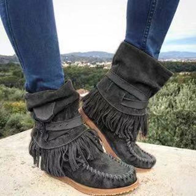 Women’s Suede Mid-Calf Moccasin Boots with Tassels in 5 Colors - Wazzi's Wear