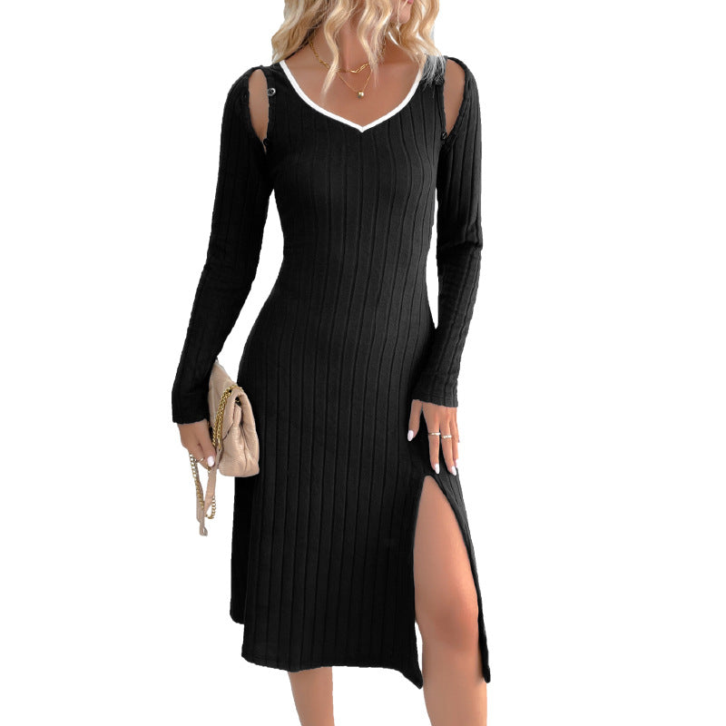 Elegant Style Detachable Long Sleeve V-neck Black Knitted Dress