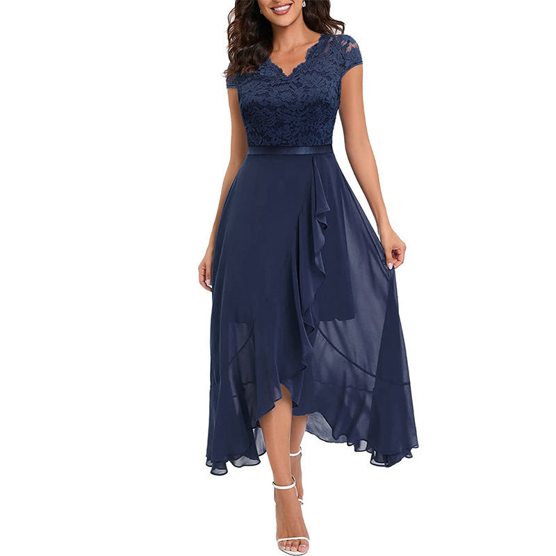 Women’s V-Neck Short Sleeve Formal Dress with Lace Bodice