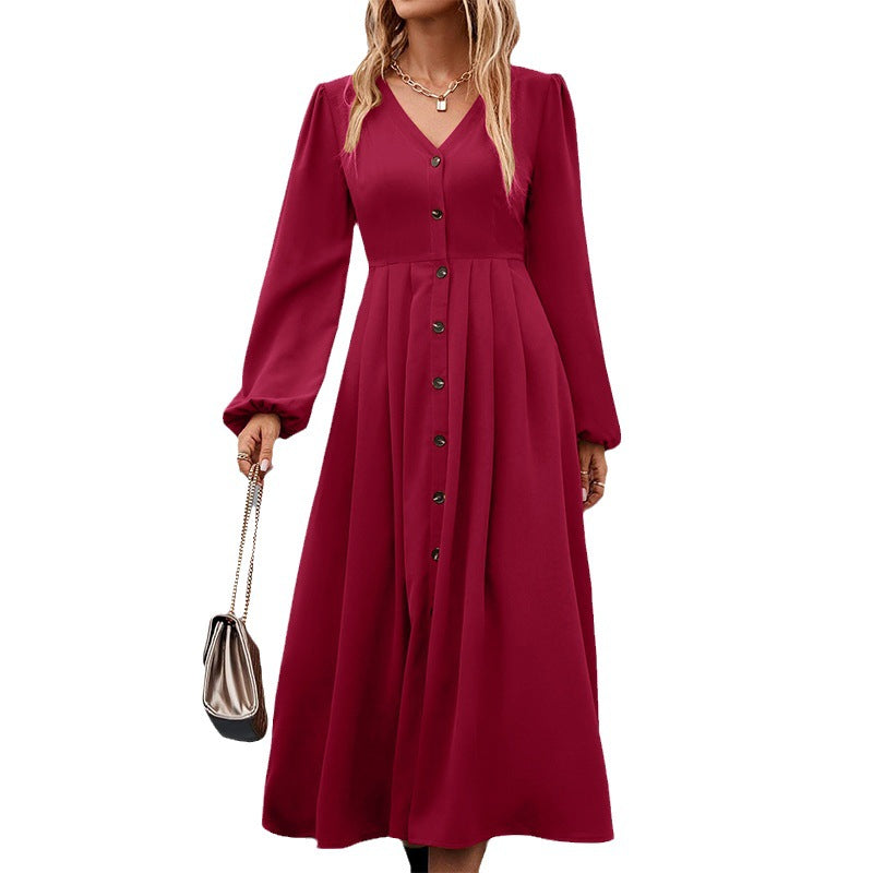Women's Long Sleeve High Waist Dress with Buttons in 12 Colors S-5XL - Wazzi's Wear