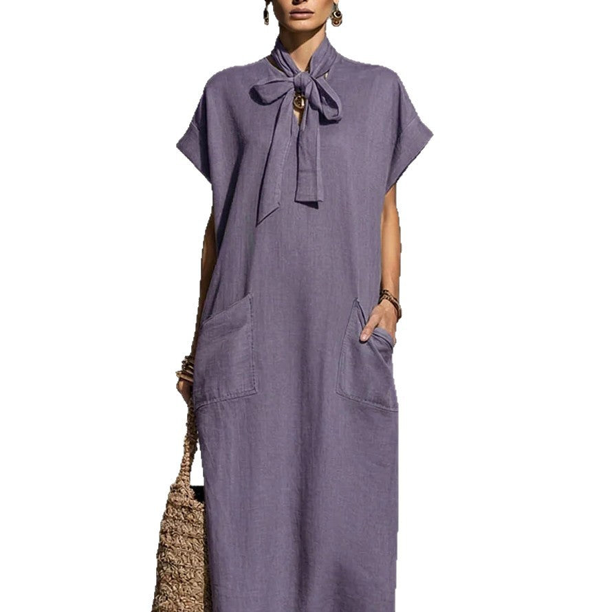V-neck Lace-up Short-sleeve Solid-color Loose Casual Dress
