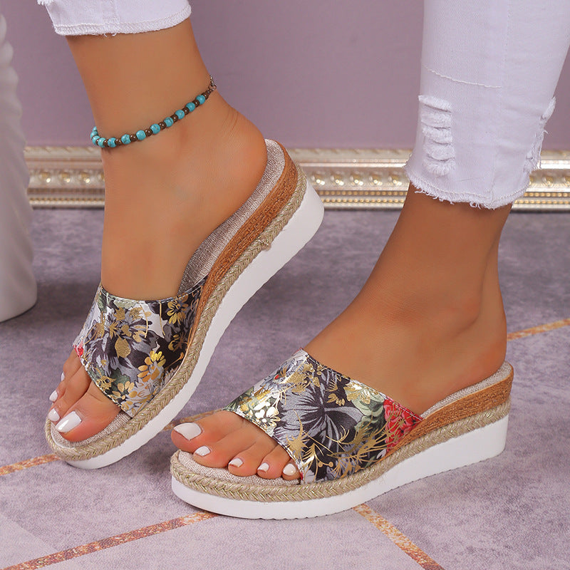 Women's Floral Wide Strap Wedge Sandals