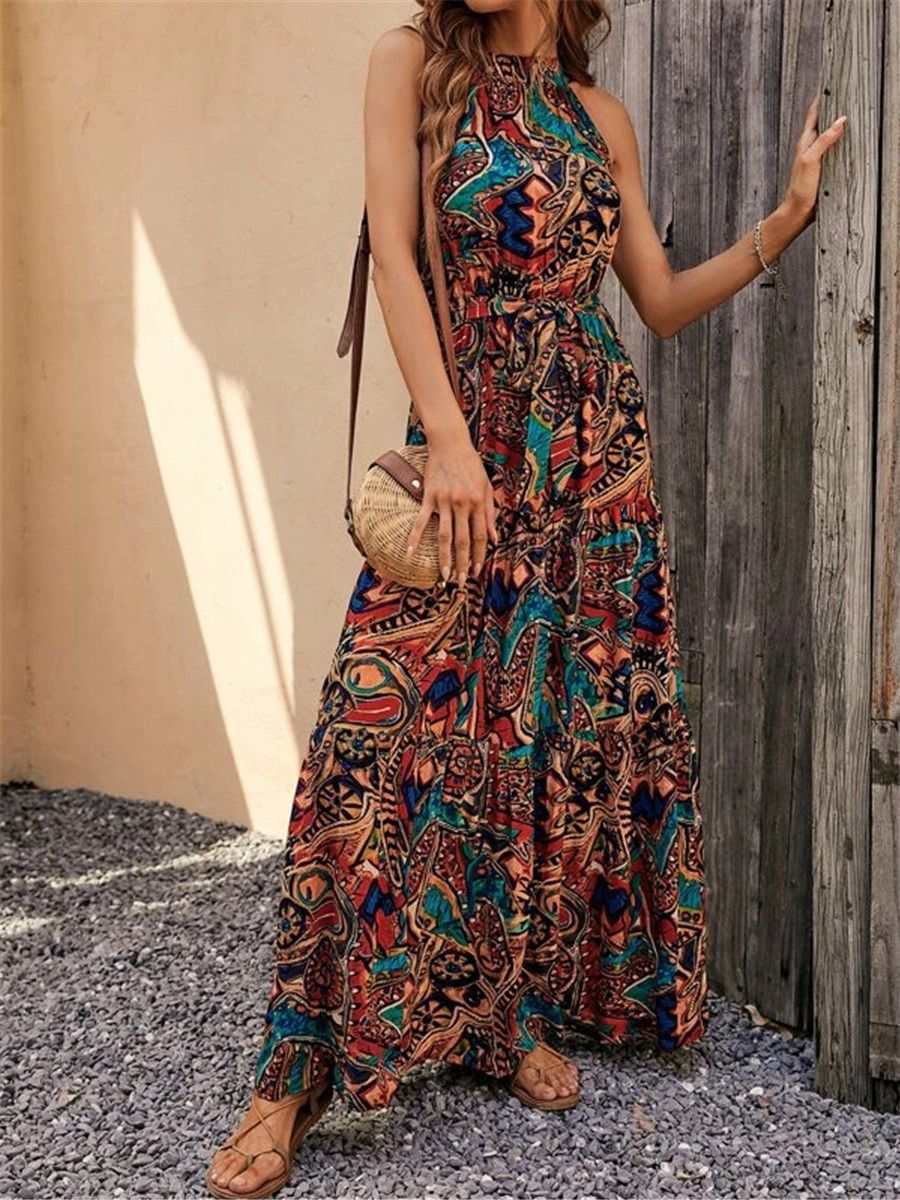 Women’s High Waist Halter Neck Bohemian Maxi Dress in 3 Colors S-3XL