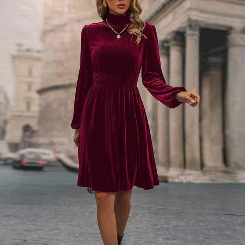 Women's Mock Neck Velvet Midi Dress, Smocked Waist Long Sleeve Casual Dress