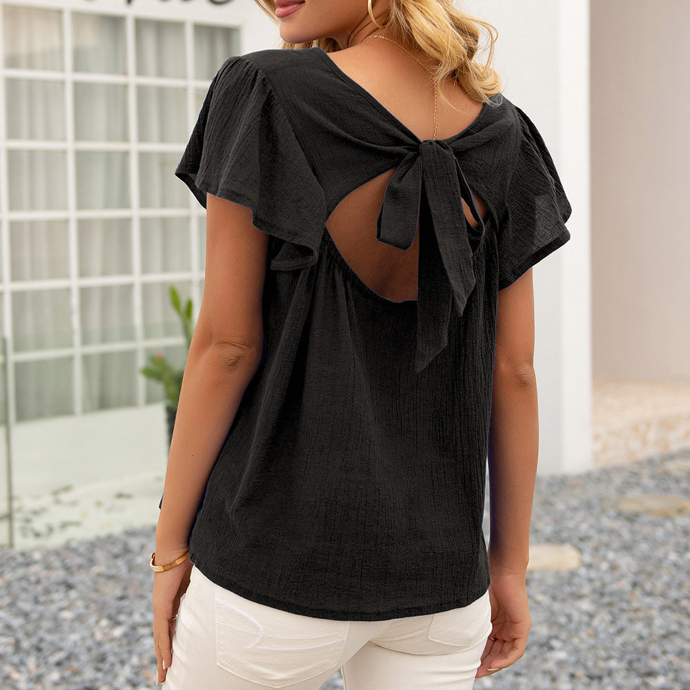 Lotus Leaf Sleeve Hollow Bow Knot Backless Top Women