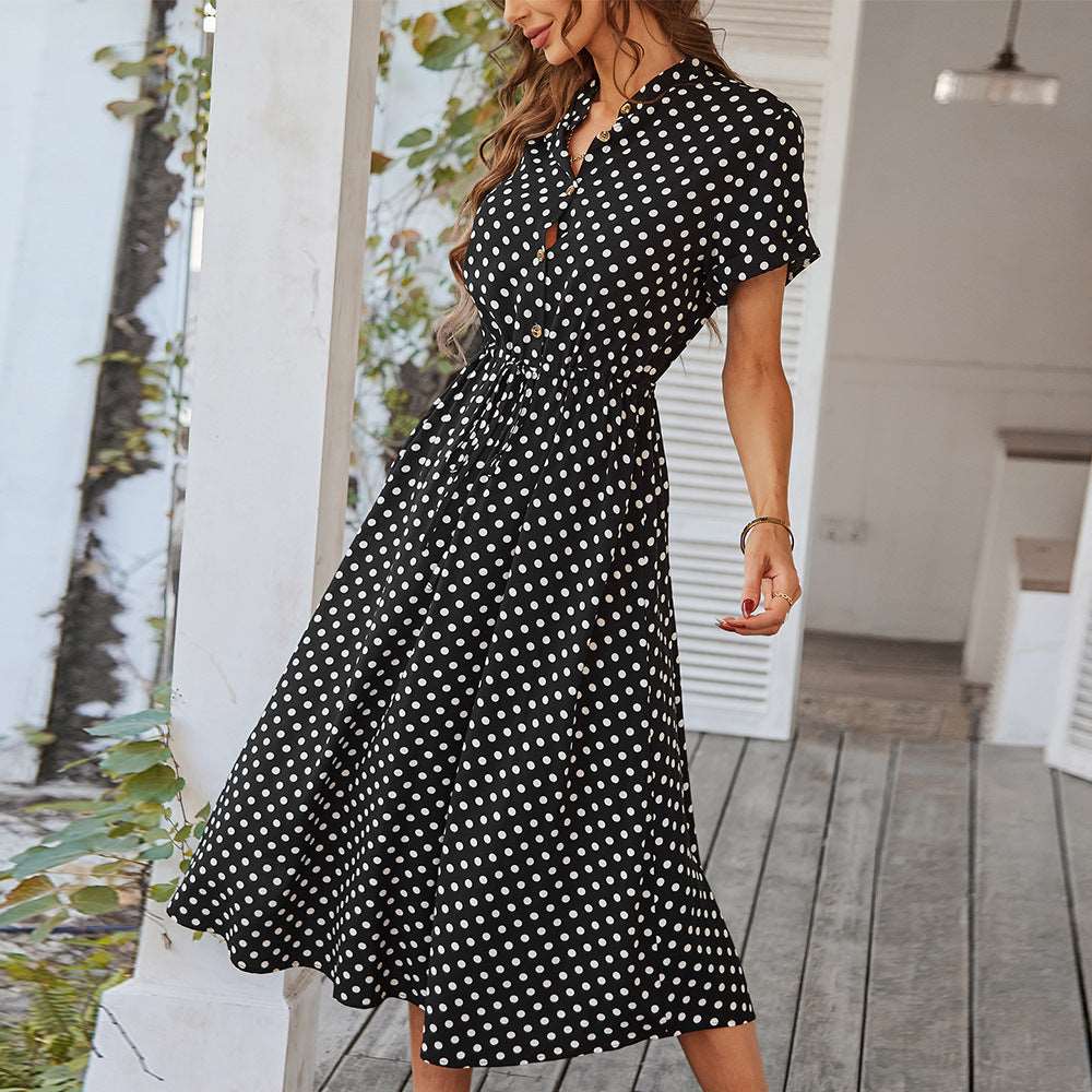 Women’s Polka Dot Short Sleeve Midi Dress with Waist Tie