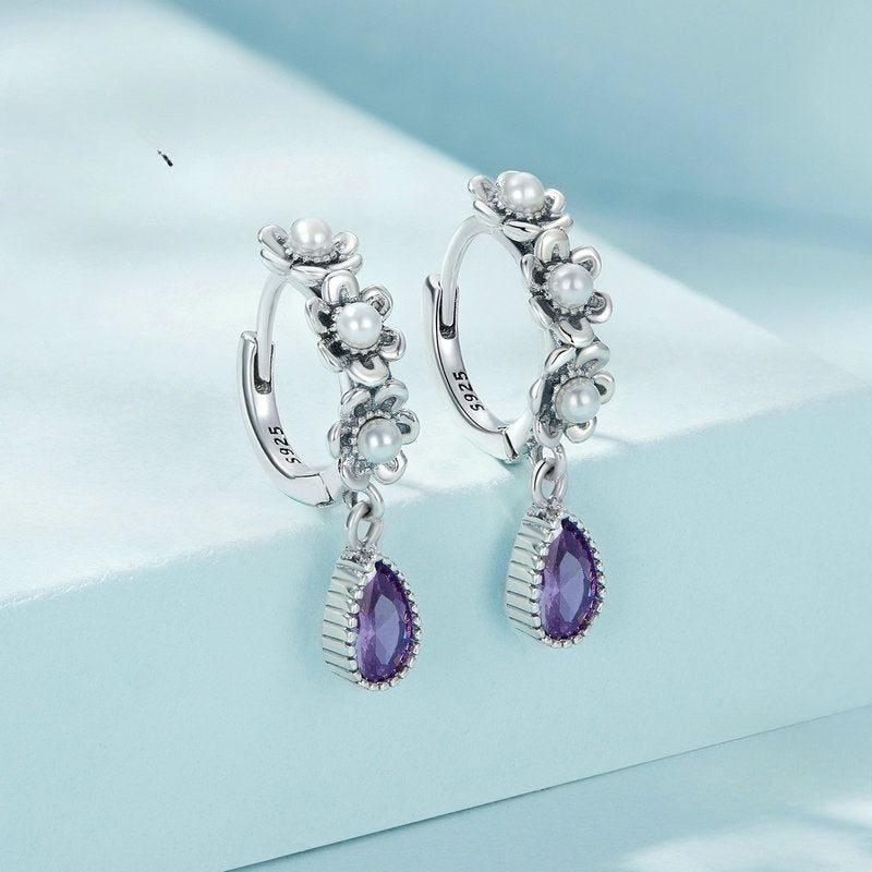 Sterling Silver Purple Zircon Flower Drop Earrings - Wazzi's Wear