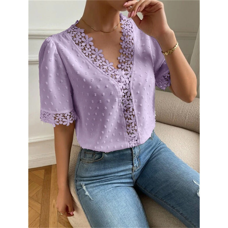 Women's V-Neck Short Sleeve Blouse with Lace