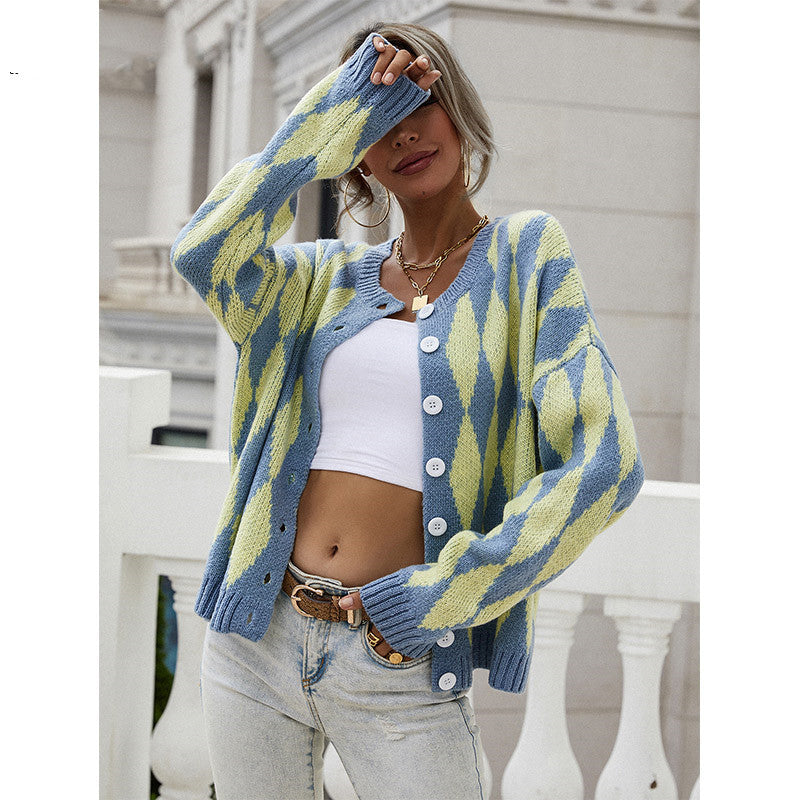 Women's Sweater Women's Single-breasted Printed Round Neck Knitted Cardigan Jacket