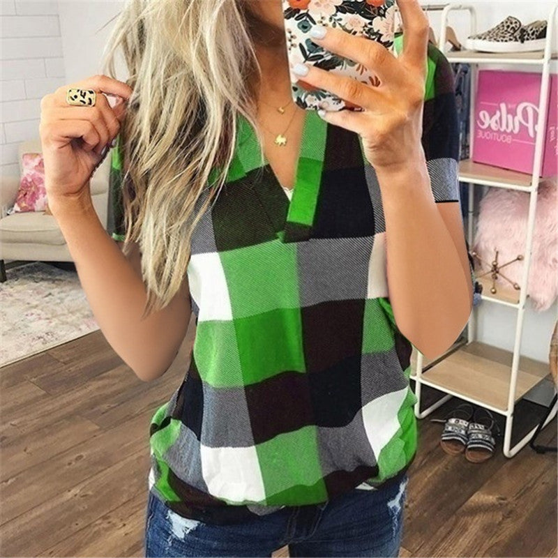 Women's Plaid Printed V-Neck Short Sleeve Top in 8 Colors S-5XL - Wazzi's Wear
