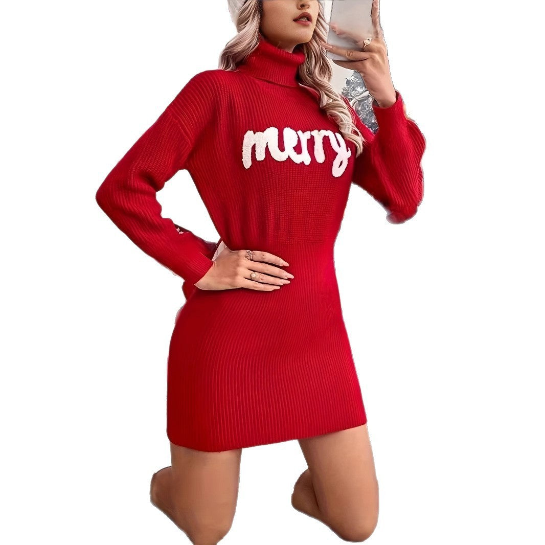 Christmas Festival Atmosphere Turtleneck Slim-fit Sweater Knitted Dress