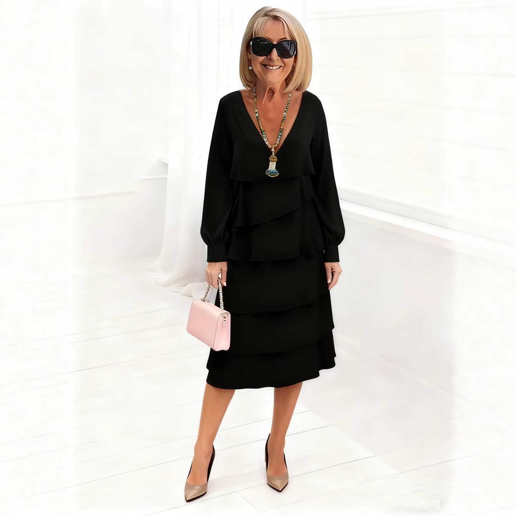 Women's Long-sleeve V-neck Tiered Dress