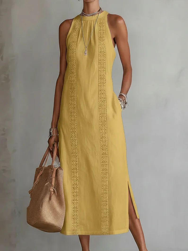 Womens Halterneck Holiday Lace-Patchwork Sleeveless Dress