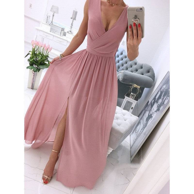 Women's summer sleeveless V-neck long dress with front split in various colors.