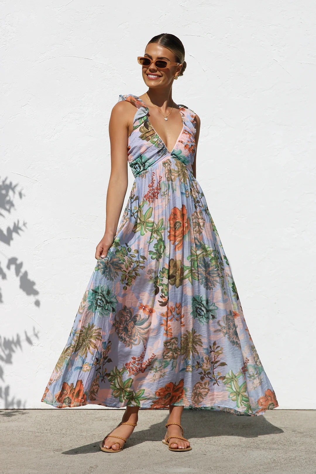 Women's Printed V-neck Large Swing Suspender Dress